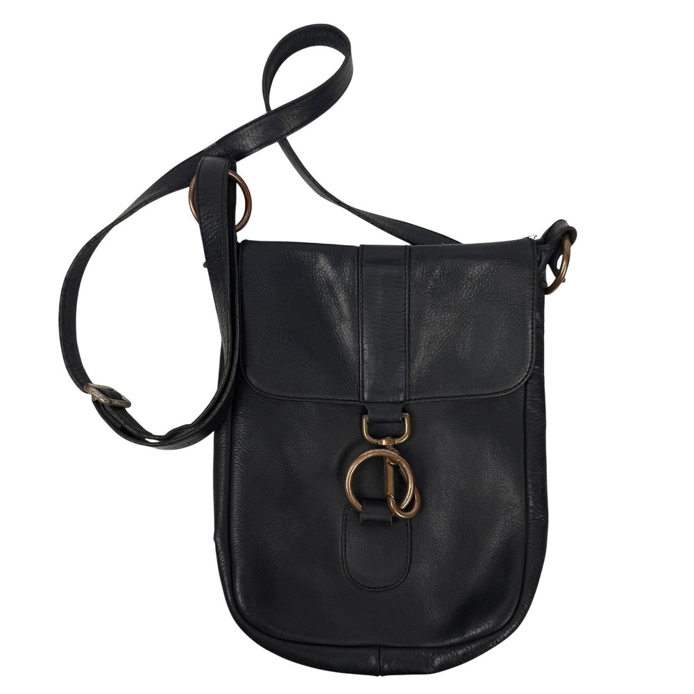THE‎ TREND Black Leather Flap Front Brass-Tone Hardware Crossbody Bag